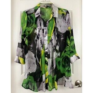 FEVER - Green Floral Sheer Chiffon 3/4 Sleeve Button Front Tunic Blouse Small